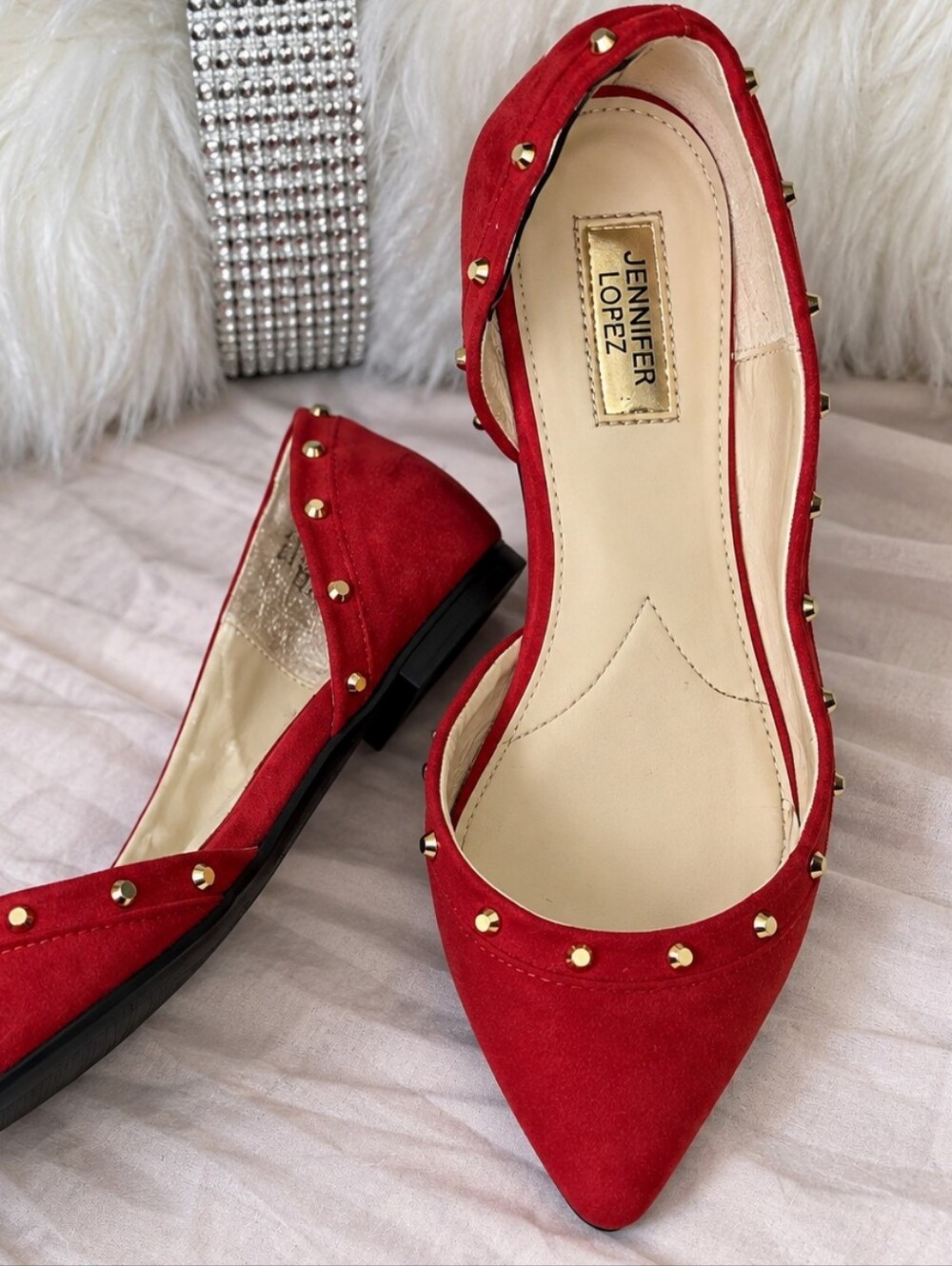 J.Lo by Jennifer Lopez Red Studded Pointed-Toe Flats Size 7